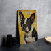 a picture of a black and white dog on a yellow background