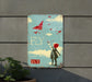 a painting of a person flying a kite