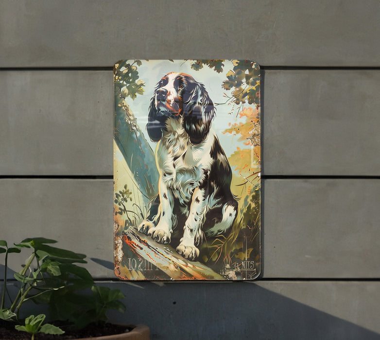 a painting of a dog on a wall next to a potted plant