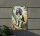 a painting of a dog on a wall next to a potted plant