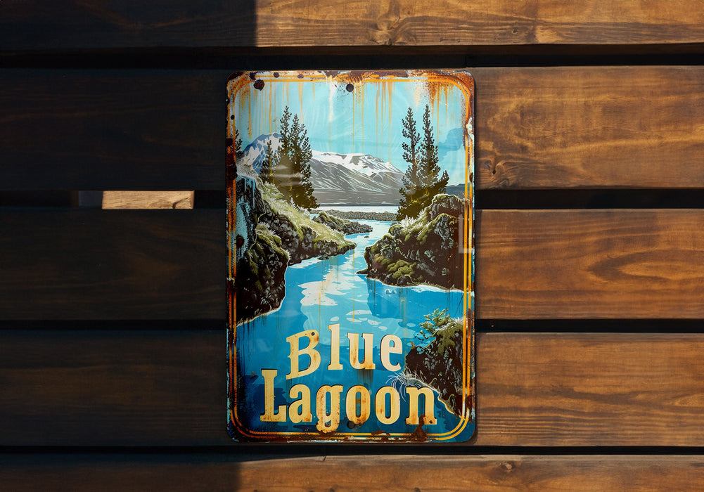 a can of blue lagoon on a wooden bench