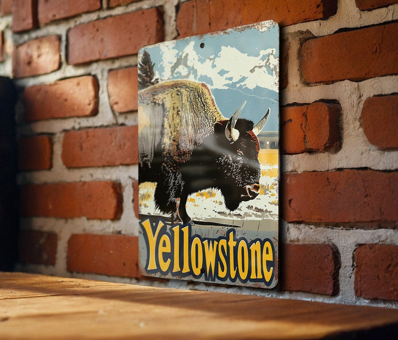 a picture of a bison on a brick wall