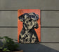 a painting of a black and white dog on an orange background