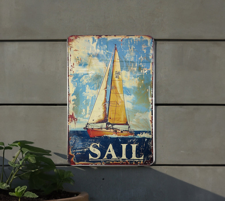 a sail sign hanging on the side of a building