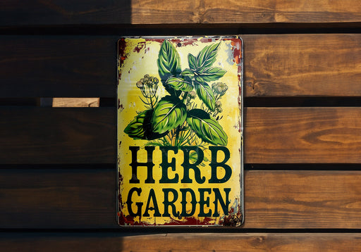 a sign on a wooden wall that says herb garden