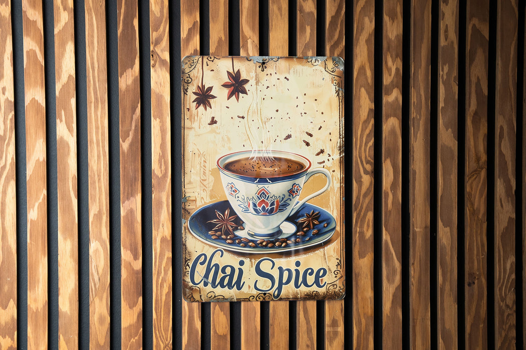 a sign on a wooden wall that says chai spice