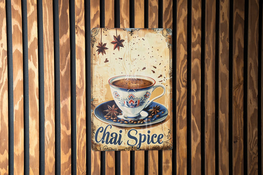 a sign on a wooden wall that says chai spice