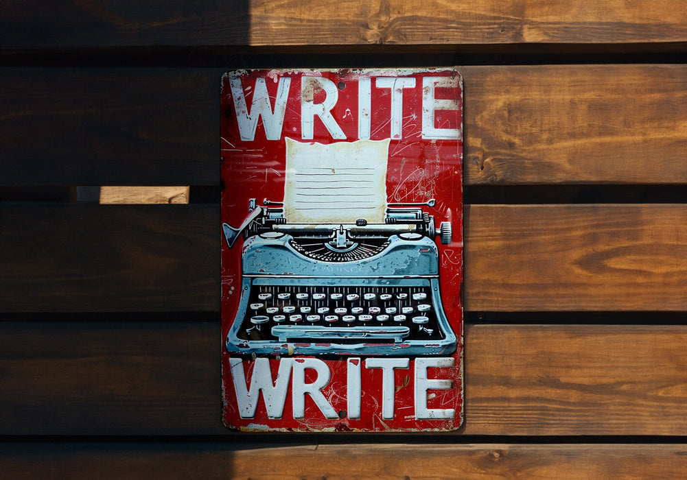 a red and white sign with a typewriter on it