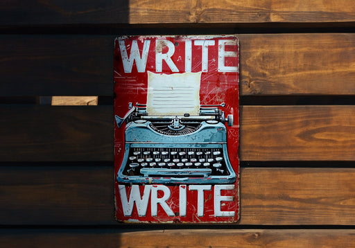 a red and white sign with a typewriter on it