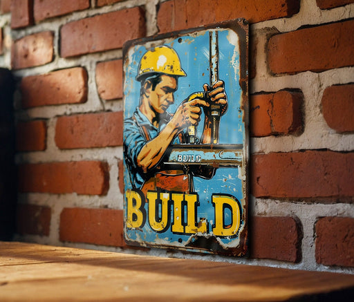 a sign on a brick wall that says build