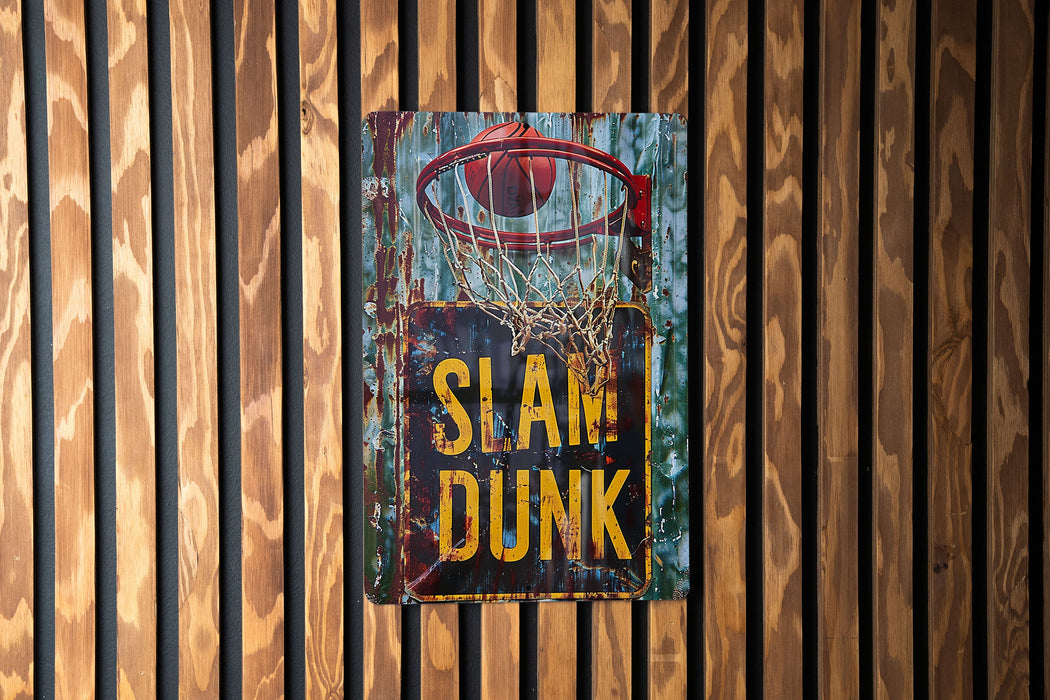 a sign that says slam dunk on a wooden wall