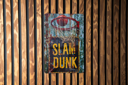 a sign that says slam dunk on a wooden wall