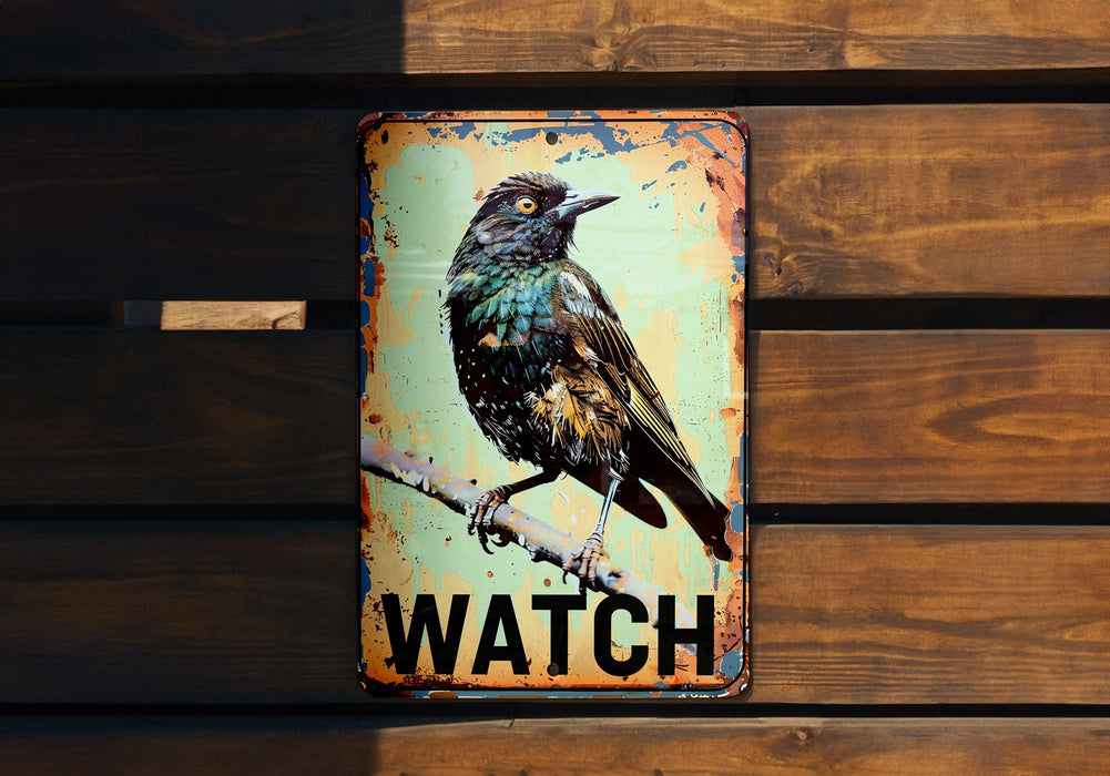 a bird sitting on top of a sign on a wooden wall