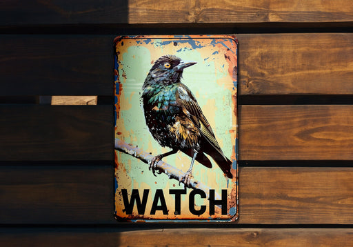 a bird sitting on top of a sign on a wooden wall
