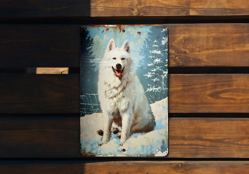a picture of a white dog sitting on a bench