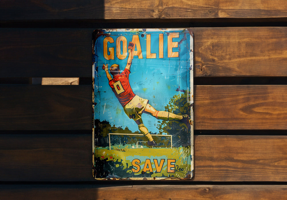 a sign on a wooden bench that says goalie save