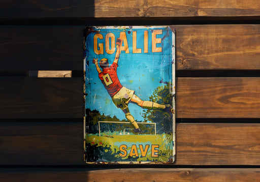 a sign on a wooden bench that says goalie save