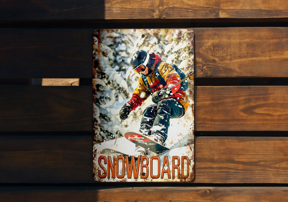 a picture of a snowboarder on a wooden bench