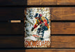 a picture of a snowboarder on a wooden bench