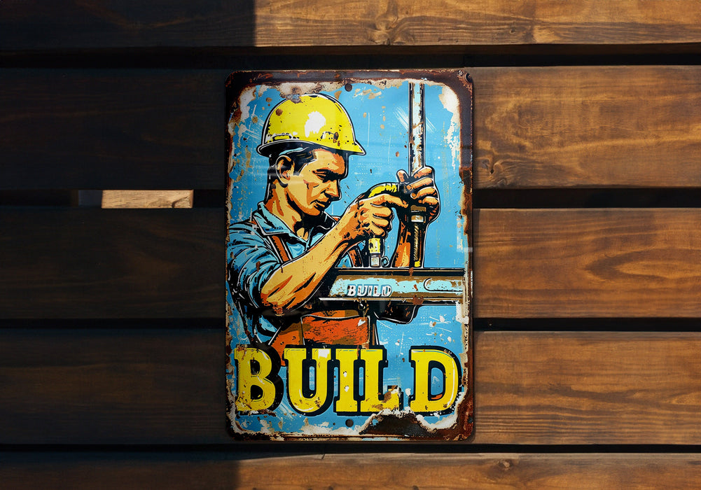 a sign on a wooden wall that says build