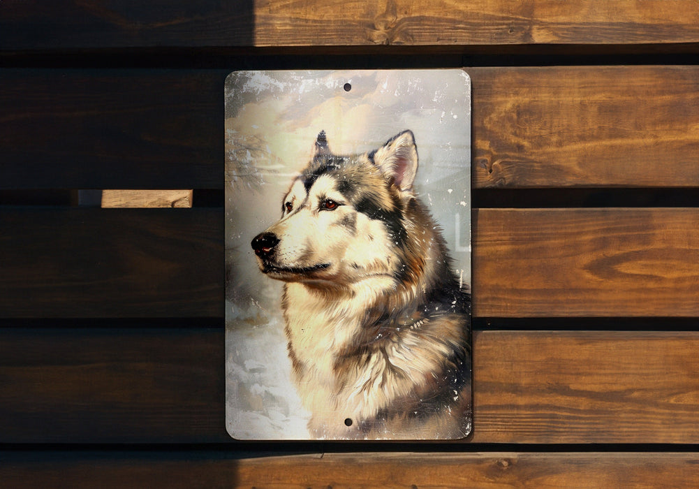 a picture of a dog on a metal plaque