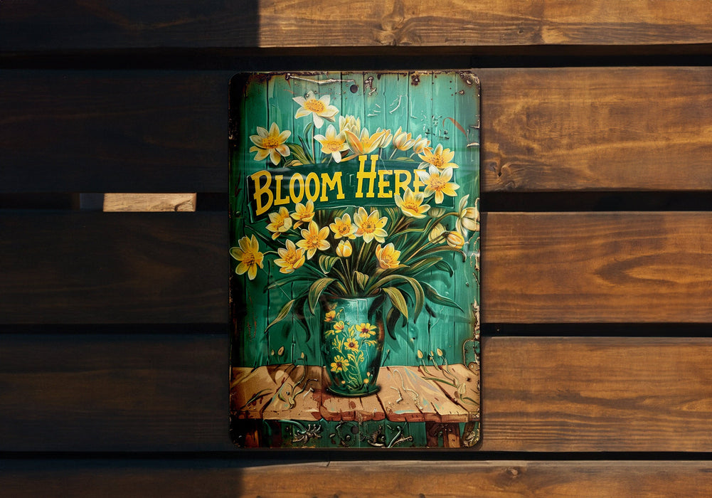 a painting of flowers in a vase on a wooden bench