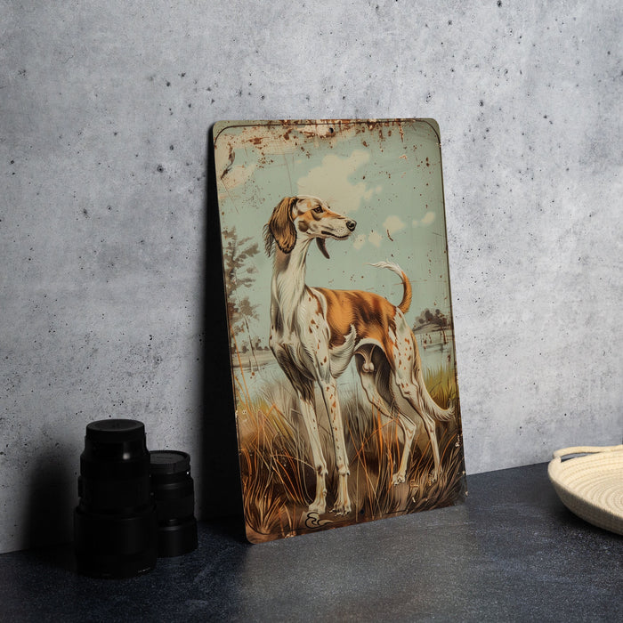 a painting of a dog on a wall next to a plate