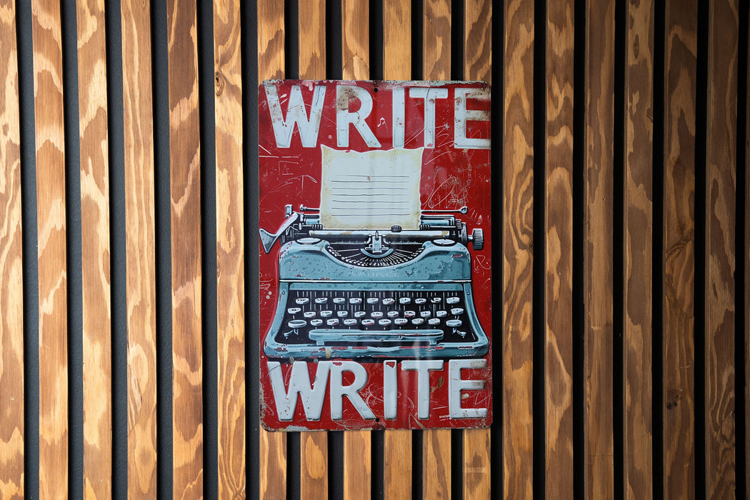 a sign that says write and a typewriter on it