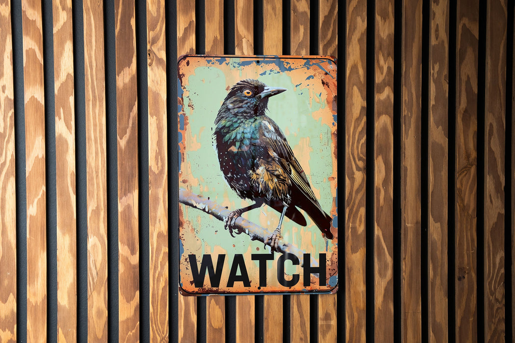 a bird sitting on top of a sign on a wooden wall