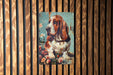 a painting of a dog on a wooden wall