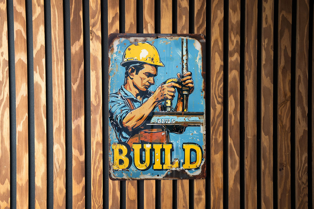 a sign on the side of a building that says build