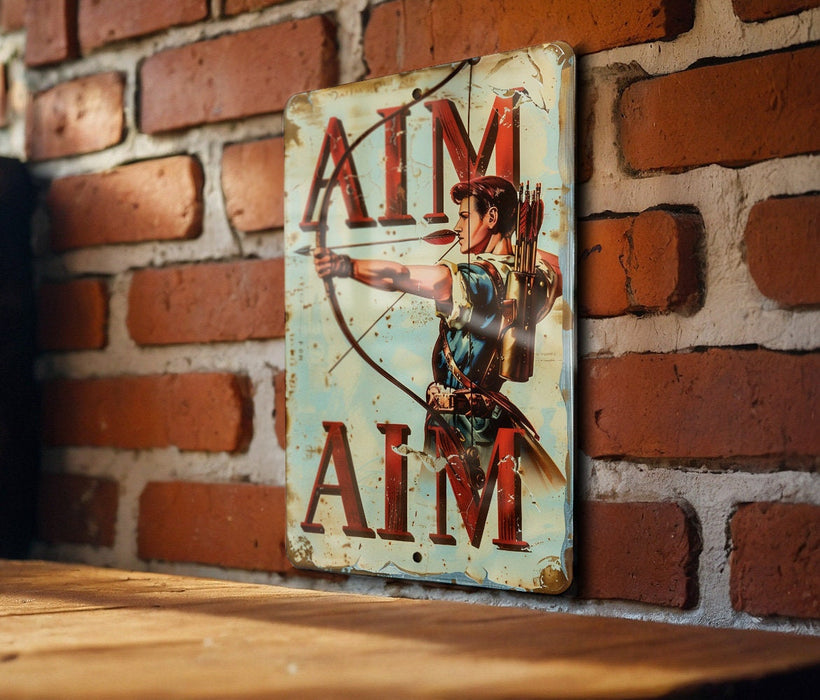 a sign on a brick wall that says aim