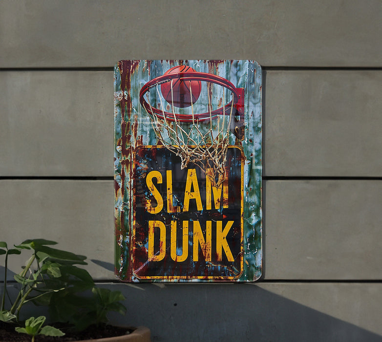 a sign that says slam dunk hanging on a wall
