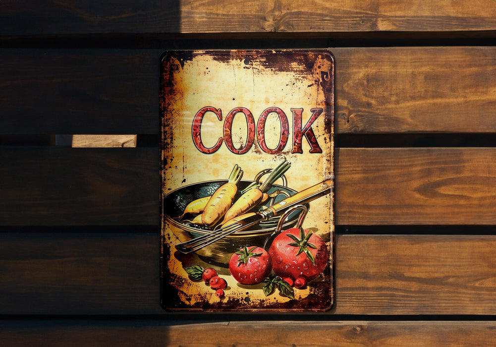 a sign on a wooden wall that says cook
