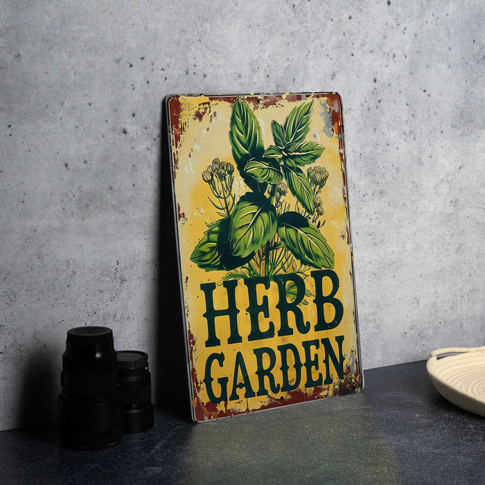 a herb garden sign sitting on top of a table