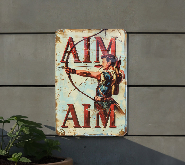 a metal sign that says aim aim