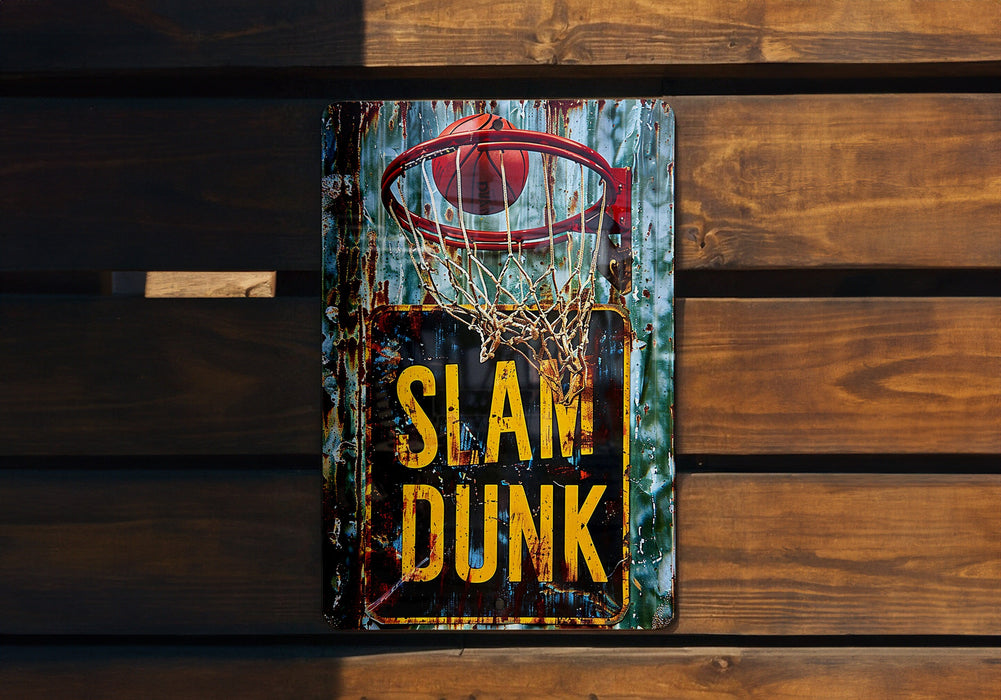 a sign that says slam dunk on a wooden wall