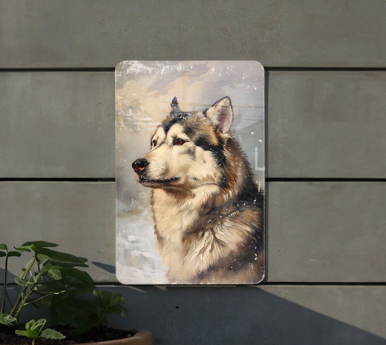a painting of a husky dog on a wall