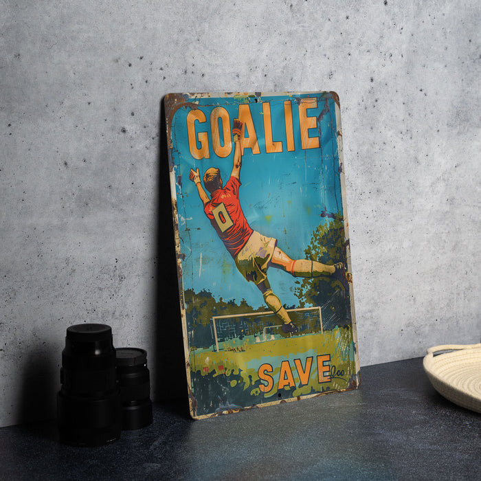 a vintage goalie save sign on a table