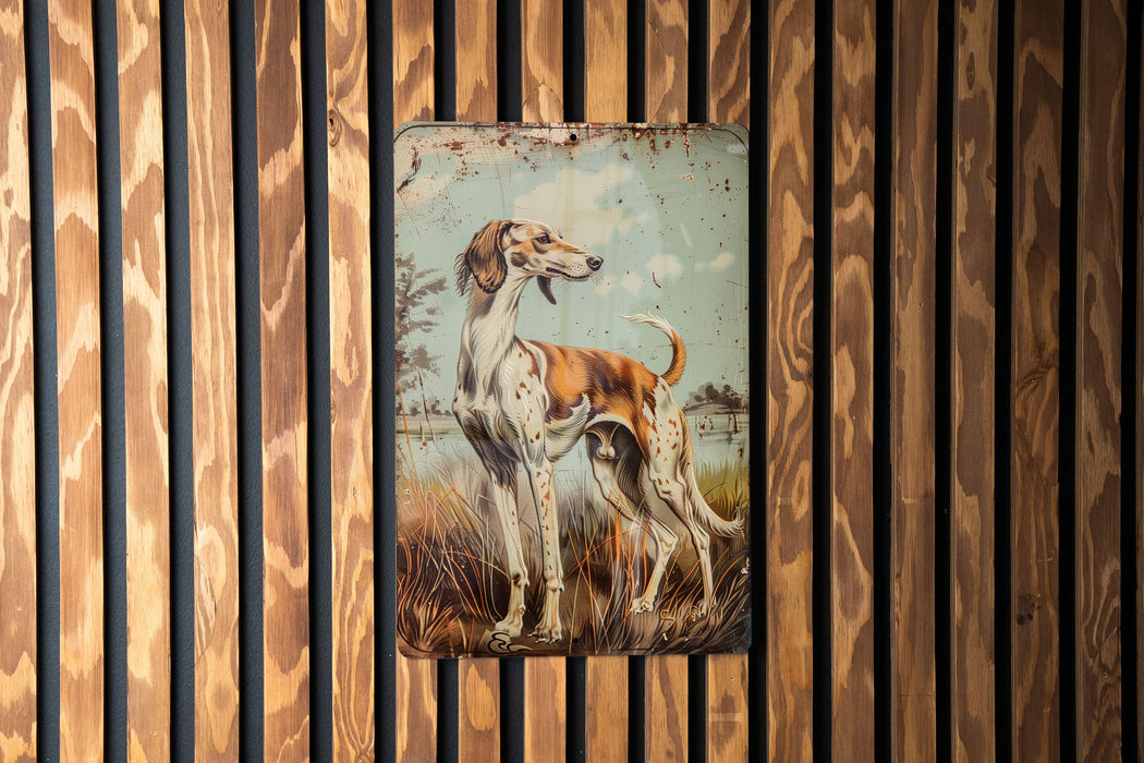 a painting of two dogs on a wooden wall