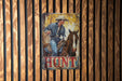 a picture of a man riding a horse on a wooden wall