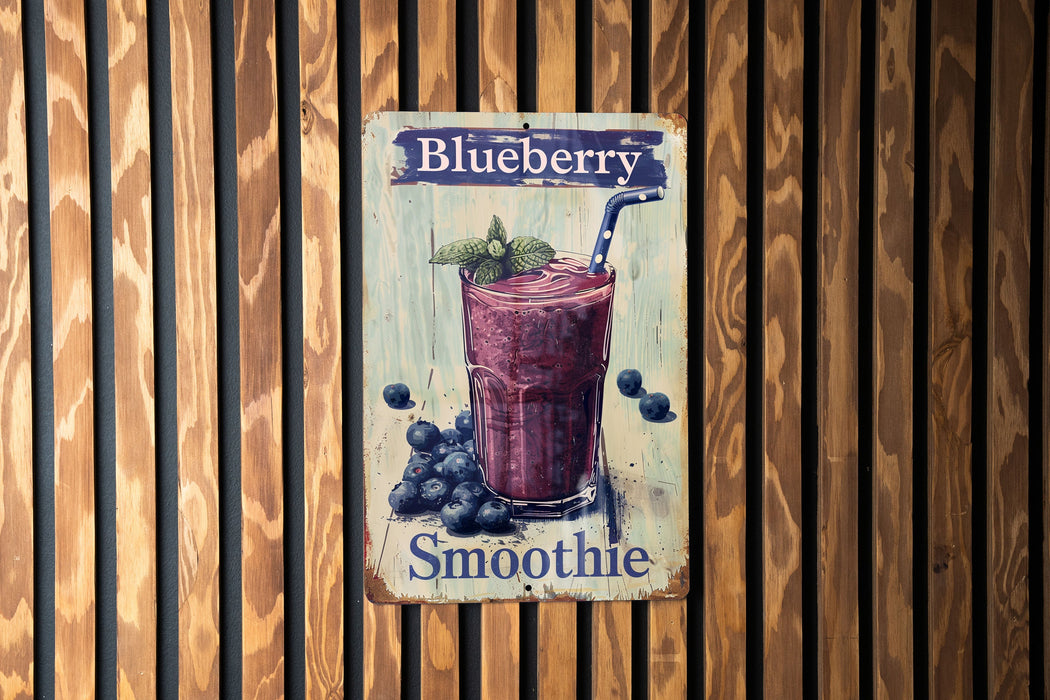 a blueberry smoothie sign hangs on a wooden wall