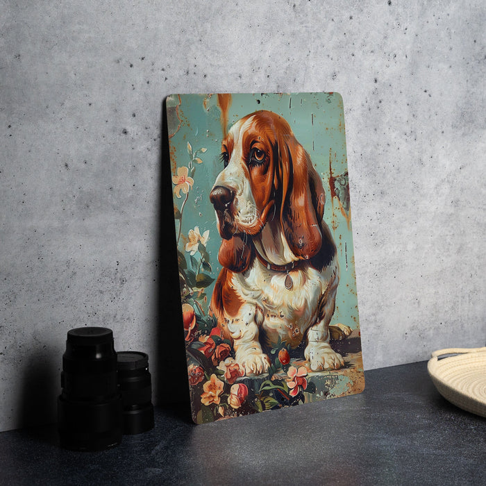 a painting of a basset hound sitting on a table
