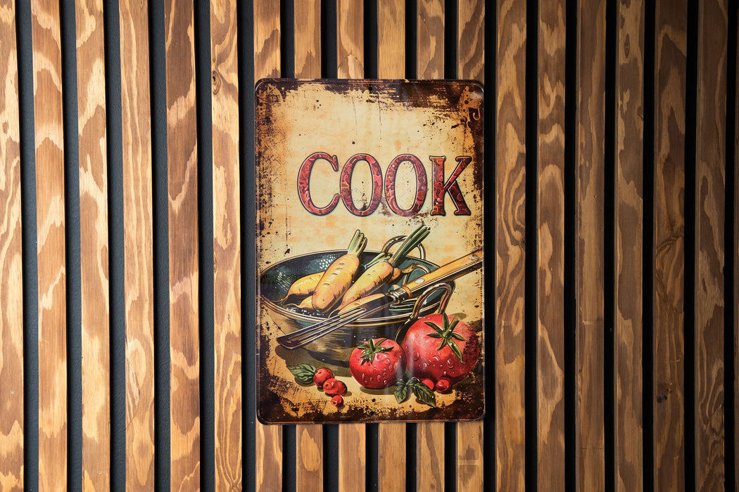 a sign on a wooden wall that says cook