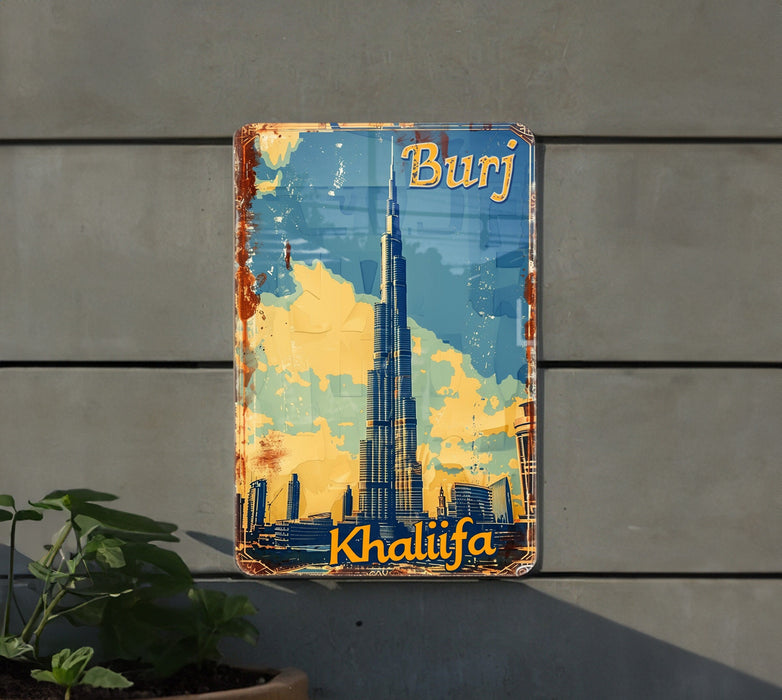 a metal sign with a picture of burj on it