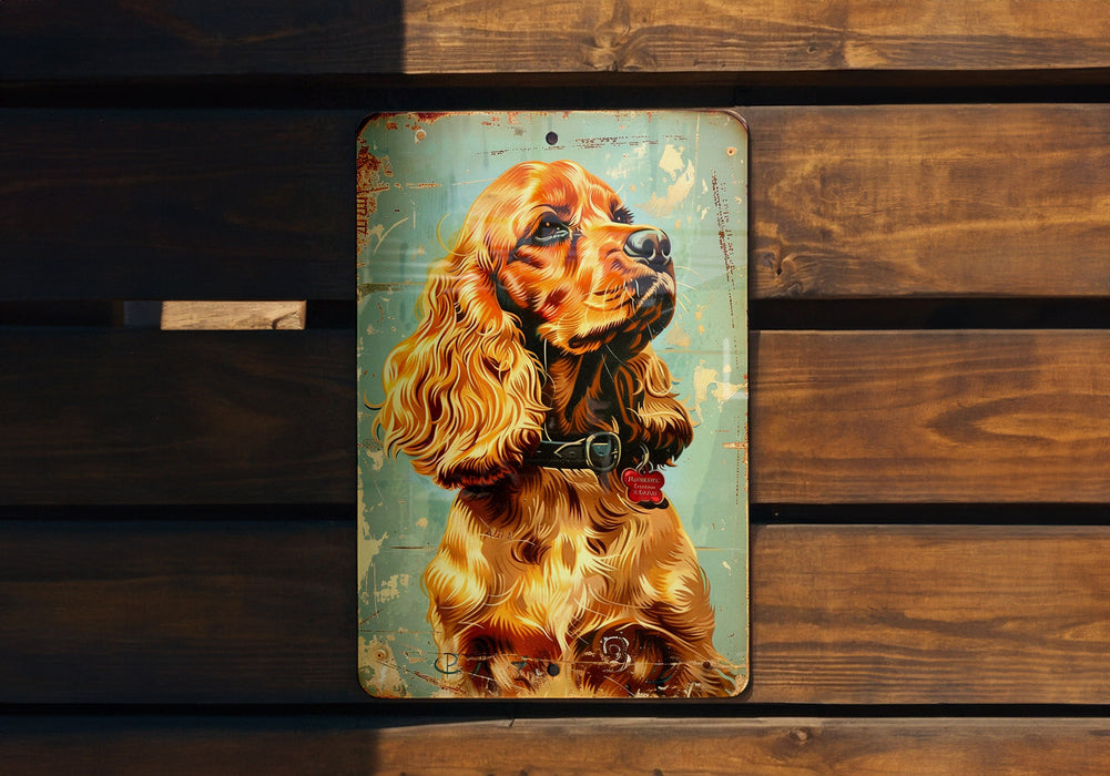 a picture of a dog on a metal plaque