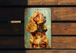 a picture of a dog on a metal plaque