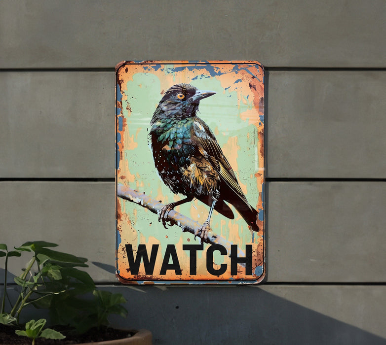 a bird is sitting on a branch of a watch sign