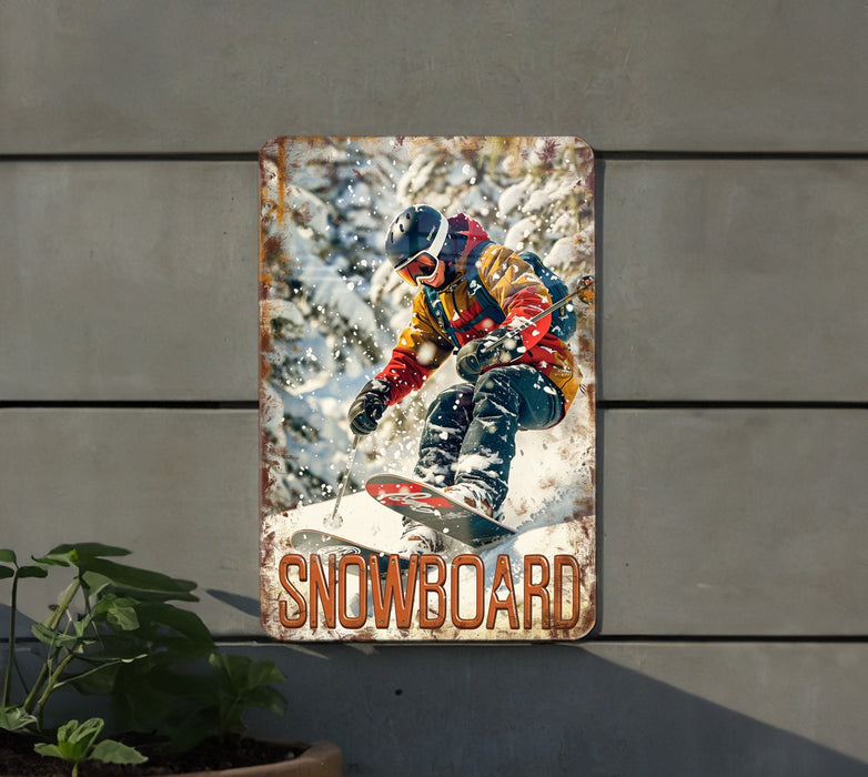 a snowboarder is going down a snowy hill