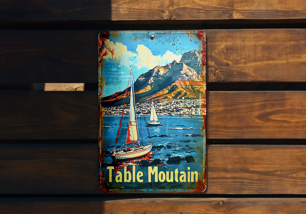 a table mountain sign hanging on a wooden wall